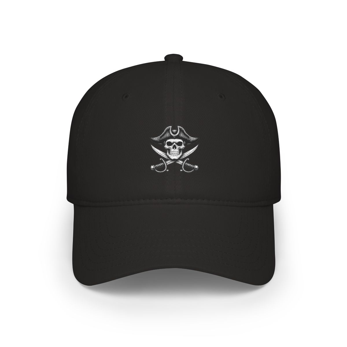 A black and white illustration of a skull wearing a pirate hat and holding two crossed swords. - alternate angle 3, merchandise